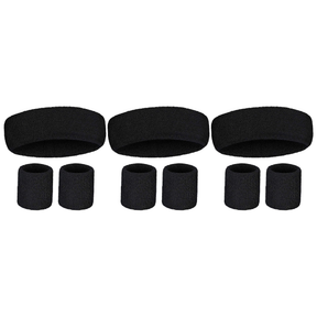 3x Black Wristband & Headband Set Pack - Terry Towelling Cotton Tennis Sweatbands