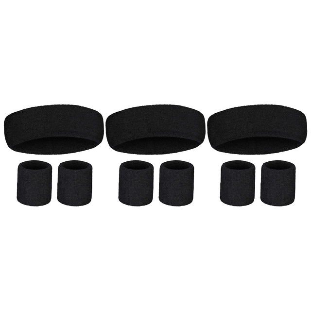 3x Black Wristband & Headband Set Pack - Terry Towelling Cotton Tennis Sweatbands