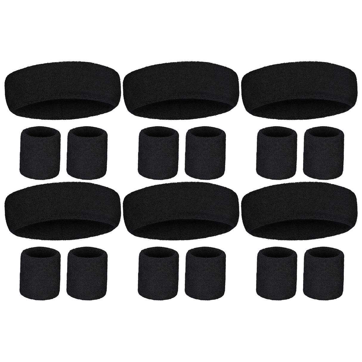 6x Black Wristband & Headband Set Bulk Pack - Terry Towelling Cotton Tennis Sweatbands