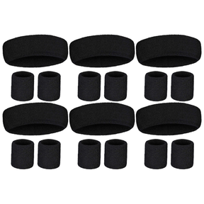 6x Black Wristband & Headband Set Bulk Pack - Terry Towelling Cotton Tennis Sweatbands