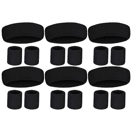 6x Black Wristband & Headband Set Bulk Pack - Terry Towelling Cotton Tennis Sweatbands