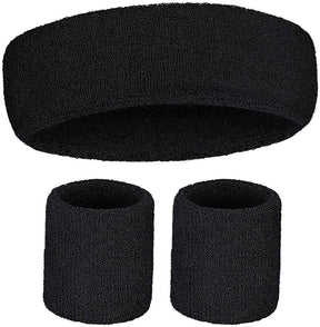 Black Wristband & Headband Set - Terry Towelling Cotton Tennis Sweatbands