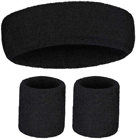 3x Black Wristband & Headband Set Pack - Terry Towelling Cotton Tennis Sweatbands