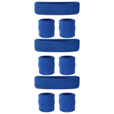 3x Blue Wristband & Headband Set Pack - Terry Towelling Cotton Tennis Sweatbands