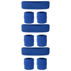 3x Blue Wristband & Headband Set Pack - Terry Towelling Cotton Tennis Sweatbands