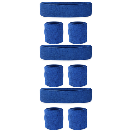 3x Blue Wristband & Headband Set Pack - Terry Towelling Cotton Tennis Sweatbands