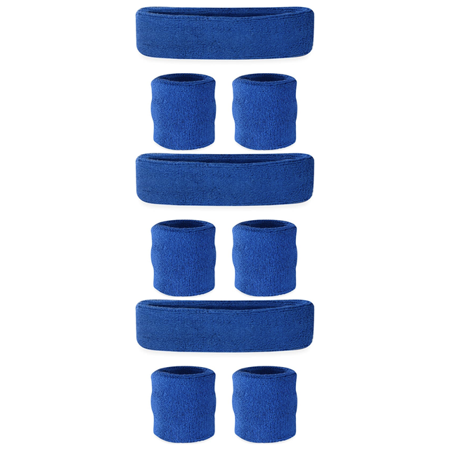 3x Blue Wristband & Headband Set Pack - Terry Towelling Cotton Tennis Sweatbands