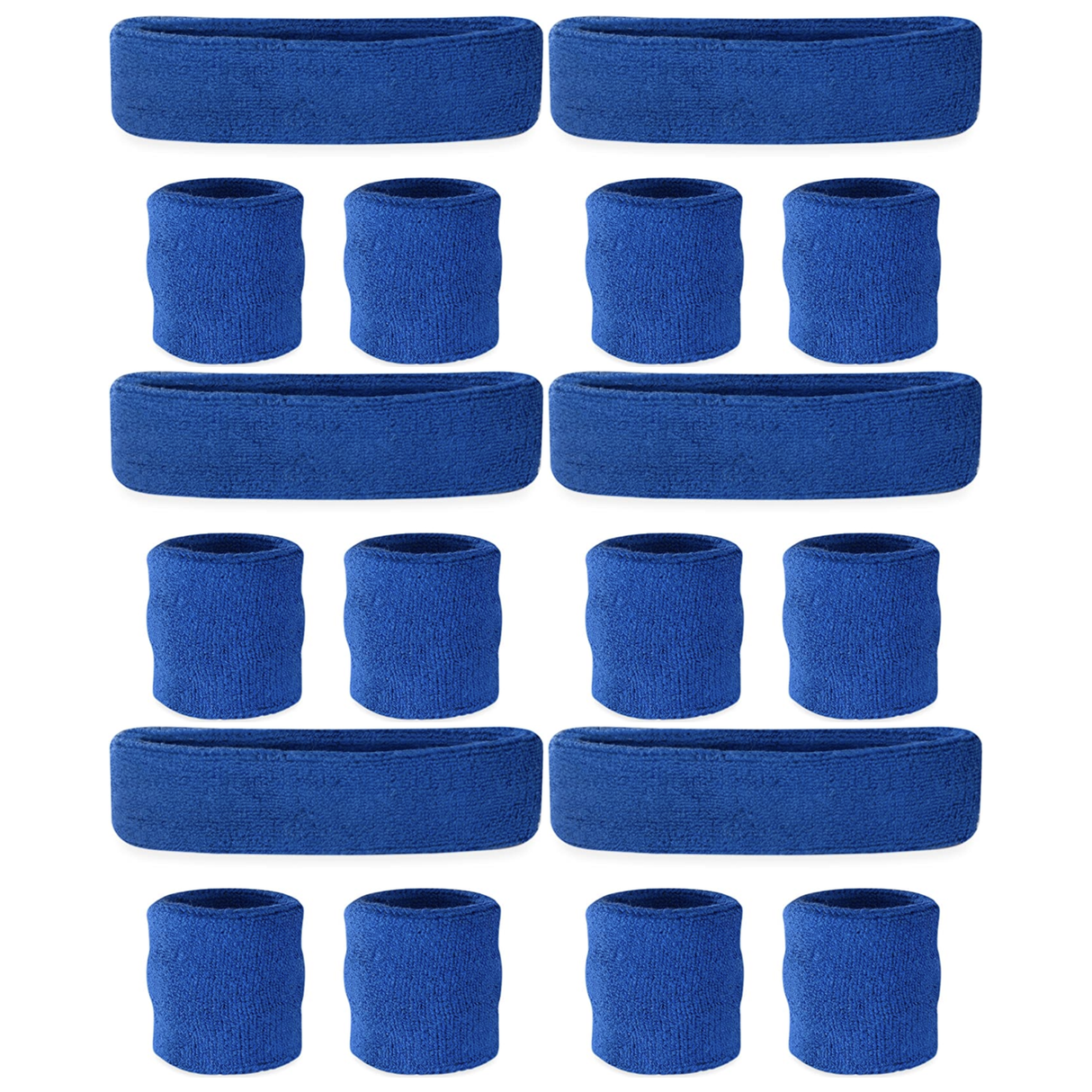6x Blue Wristband & Headband Set Bulk Pack - Terry Towelling Cotton Tennis Sweatbands