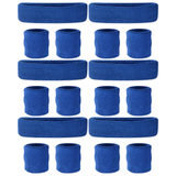 6x Blue Wristband & Headband Set Bulk Pack - Terry Towelling Cotton Tennis Sweatbands