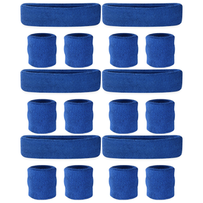 6x Blue Wristband & Headband Set Bulk Pack - Terry Towelling Cotton Tennis Sweatbands