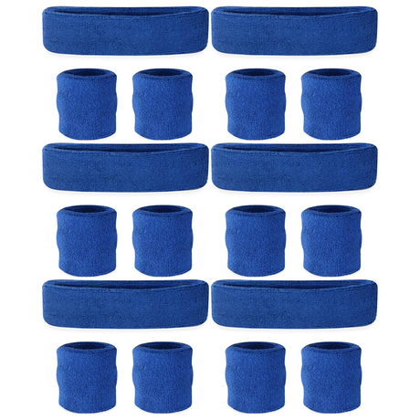 6x Blue Wristband & Headband Set Bulk Pack - Terry Towelling Cotton Tennis Sweatbands