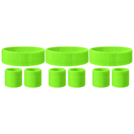 3x Fluro Green Wristband & Headband Set Pack - Terry Towelling Cotton Tennis Sweatbands