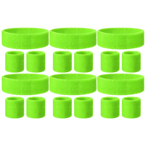 6x Fluro Green Wristband & Headband Set Bulk Pack - Terry Towelling Cotton Tennis Sweatbands
