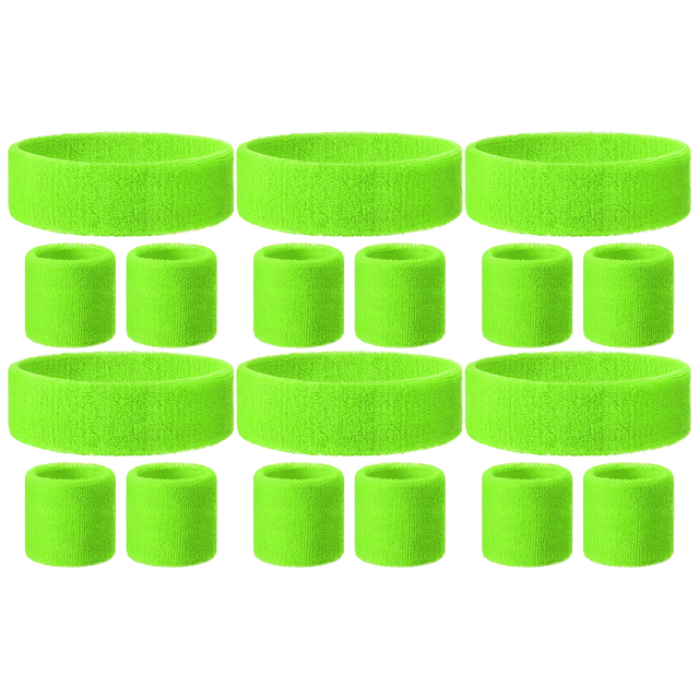 6x Fluro Green Wristband & Headband Set Bulk Pack - Terry Towelling Cotton Tennis Sweatbands