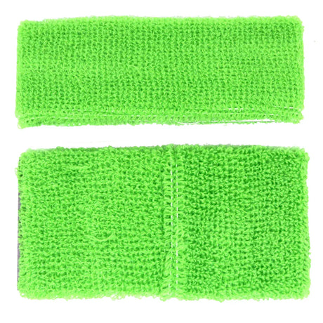 3x Fluro Green Wristband & Headband Set Pack - Terry Towelling Cotton Tennis Sweatbands