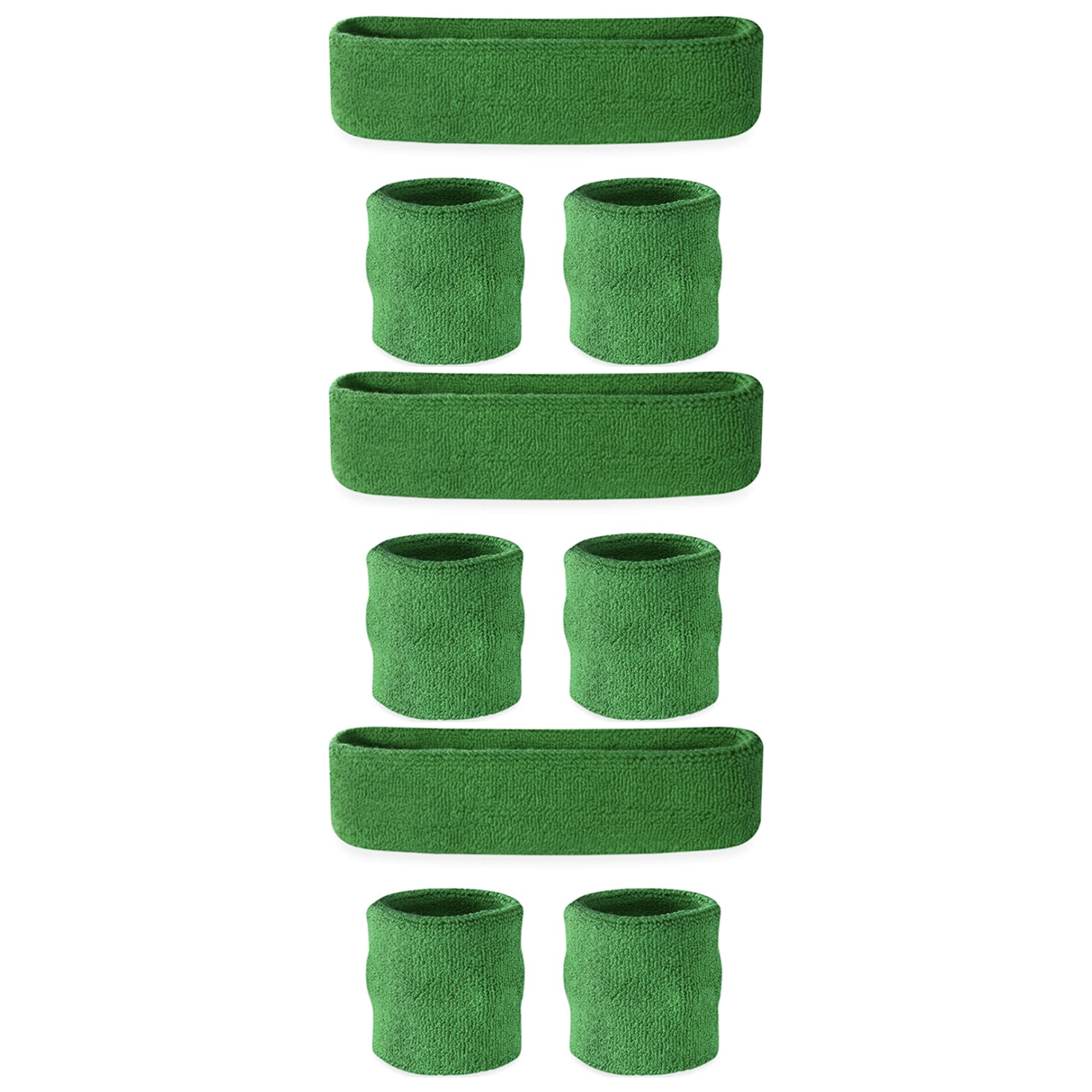 3x Green Wristband & Headband Set Pack - Terry Towelling Cotton Tennis Sweatbands