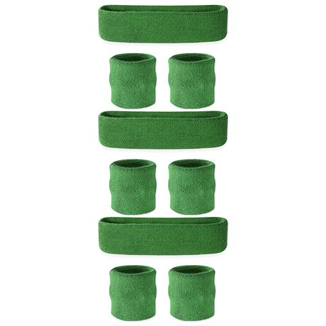 3x Green Wristband & Headband Set Pack - Terry Towelling Cotton Tennis Sweatbands