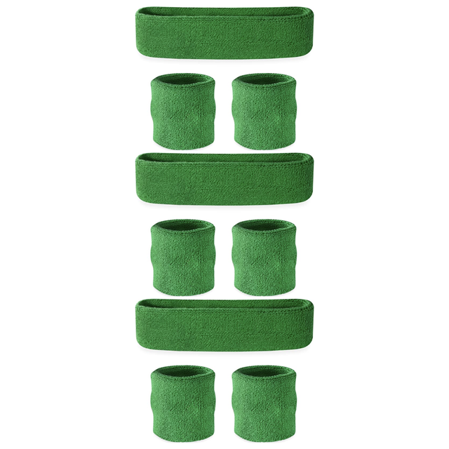 3x Green Wristband & Headband Set Pack - Terry Towelling Cotton Tennis Sweatbands
