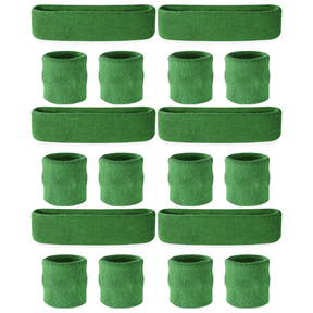 6x Green Wristband & Headband Set Bulk Pack - Terry Towelling Cotton Tennis Sweatbands