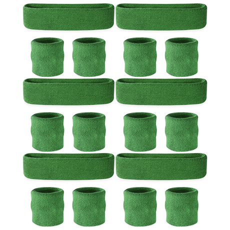 6x Green Wristband & Headband Set Bulk Pack - Terry Towelling Cotton Tennis Sweatbands