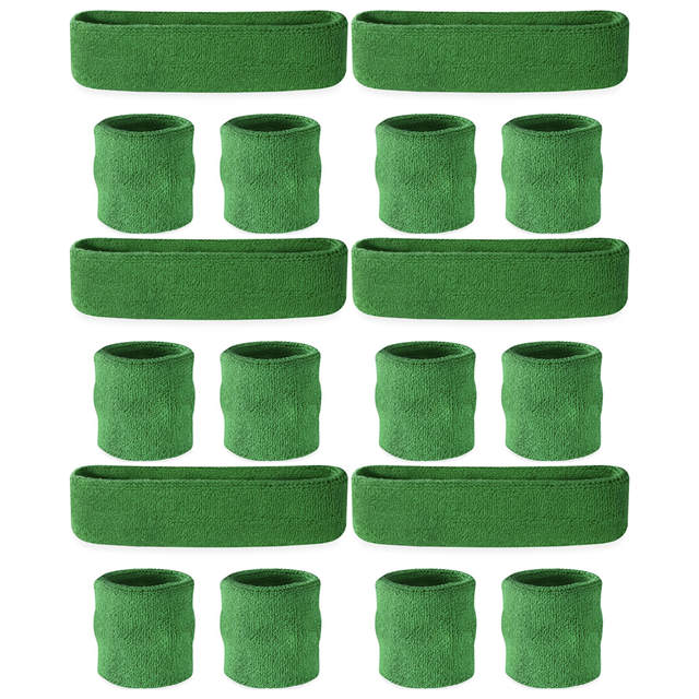 6x Green Wristband & Headband Set Bulk Pack - Terry Towelling Cotton Tennis Sweatbands