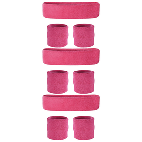 3x Hot Pink Wristband & Headband Set Pack - Terry Towelling Cotton Tennis Sweatbands