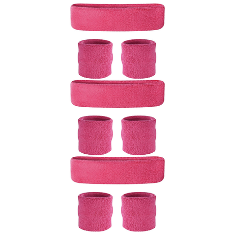 3x Hot Pink Wristband & Headband Set Pack - Terry Towelling Cotton Tennis Sweatbands