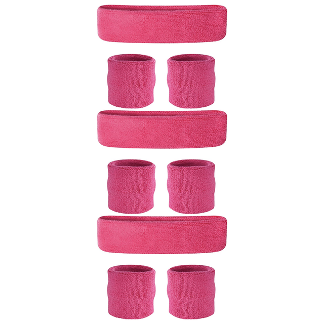 3x Hot Pink Wristband & Headband Set Pack - Terry Towelling Cotton Tennis Sweatbands