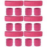 6x Hot Pink Wristband & Headband Set Bulk Pack - Terry Towelling Cotton Tennis Sweatbands