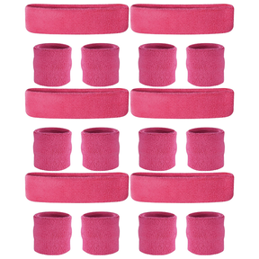 6x Hot Pink Wristband & Headband Set Bulk Pack - Terry Towelling Cotton Tennis Sweatbands
