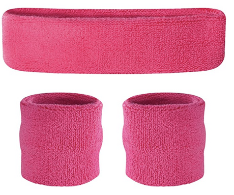 3x Hot Pink Wristband & Headband Set Pack - Terry Towelling Cotton Tennis Sweatbands