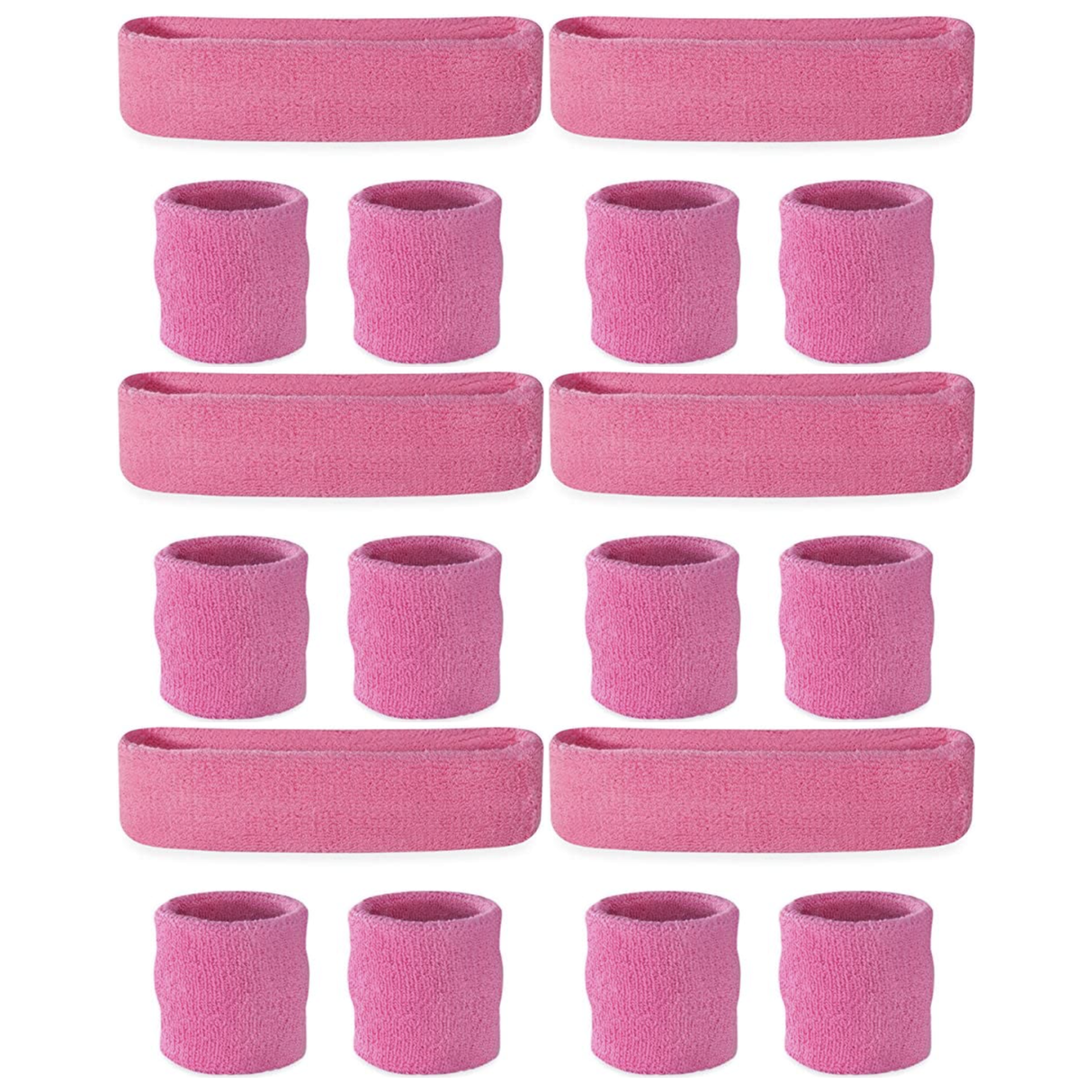 6x Light Pink Wristband & Headband Set Bulk Pack - Terry Towelling Cotton Tennis Sweatbands
