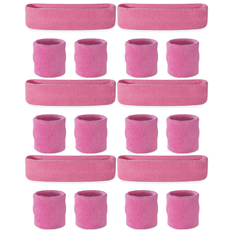 6x Light Pink Wristband & Headband Set Bulk Pack - Terry Towelling Cotton Tennis Sweatbands