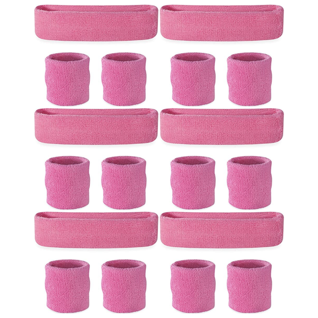 6x Light Pink Wristband & Headband Set Bulk Pack - Terry Towelling Cotton Tennis Sweatbands