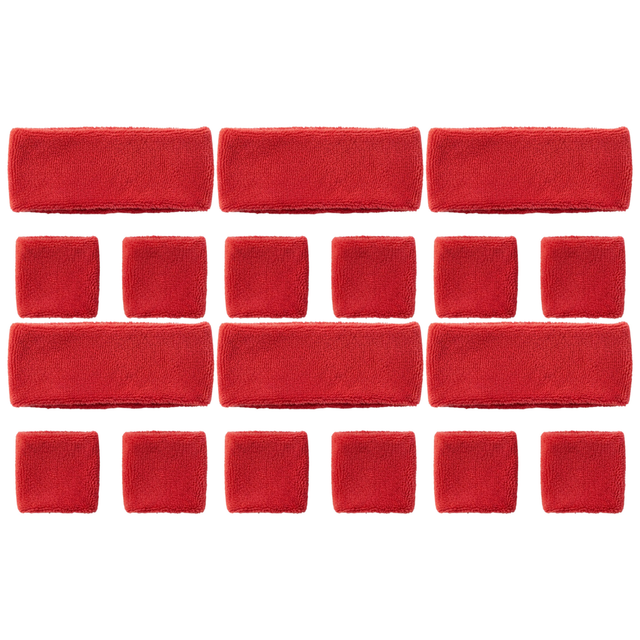 6x Red Wristband & Headband Set Bulk Pack - Terry Towelling Cotton Tennis Sweatbands
