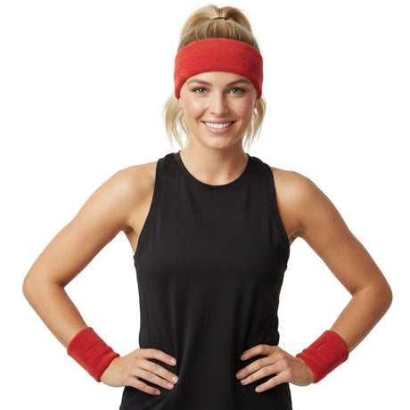 Red Wristband & Headband Set - Terry Towelling Cotton Tennis Sweatbands
