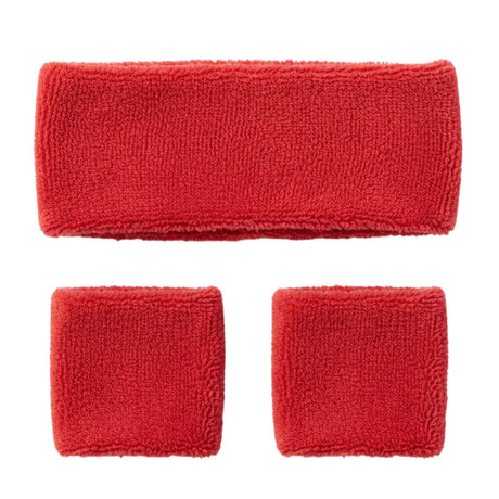 3x Red Wristband & Headband Set Pack - Terry Towelling Cotton Tennis Sweatbands