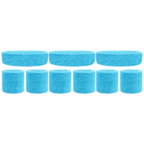 3x Sky Blue Wristband & Headband Set Pack - Terry Towelling Cotton Tennis Sweatbands