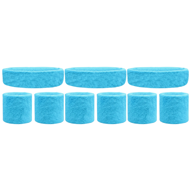 3x Sky Blue Wristband & Headband Set Pack - Terry Towelling Cotton Tennis Sweatbands
