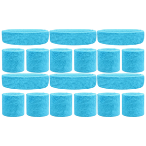 6x Sky Blue Wristband & Headband Set Bulk Pack - Terry Towelling Cotton Tennis Sweatbands