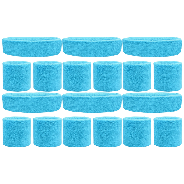 6x Sky Blue Wristband & Headband Set Bulk Pack - Terry Towelling Cotton Tennis Sweatbands