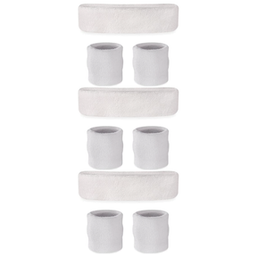 3x White Wristband & Headband Set Pack - Terry Towelling Cotton Tennis Sweatbands