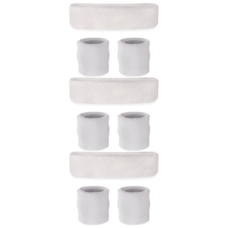 3x White Wristband & Headband Set Pack - Terry Towelling Cotton Tennis Sweatbands