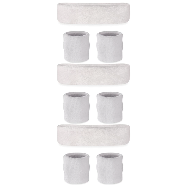 3x White Wristband & Headband Set Pack - Terry Towelling Cotton Tennis Sweatbands
