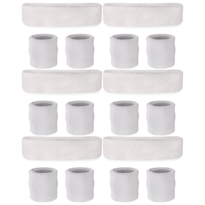 6x White Wristband & Headband Set Bulk Pack - Terry Towelling Cotton Tennis Sweatbands