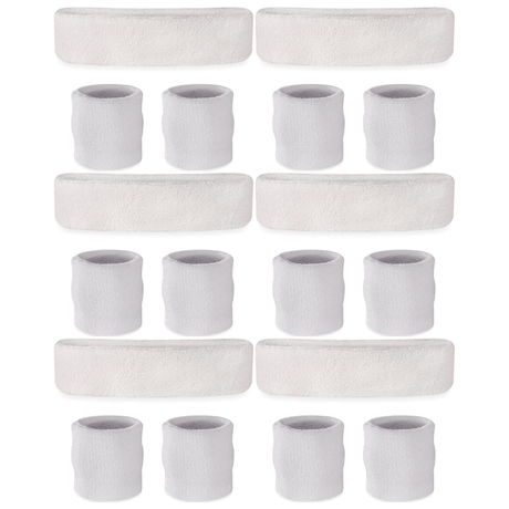6x White Wristband & Headband Set Bulk Pack - Terry Towelling Cotton Tennis Sweatbands