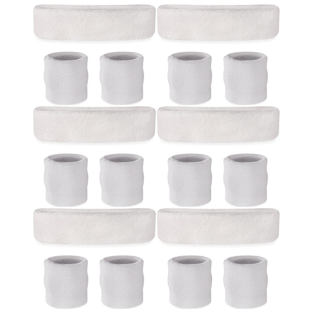 6x White Wristband & Headband Set Bulk Pack - Terry Towelling Cotton Tennis Sweatbands