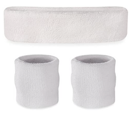 3x White Wristband & Headband Set Pack - Terry Towelling Cotton Tennis Sweatbands