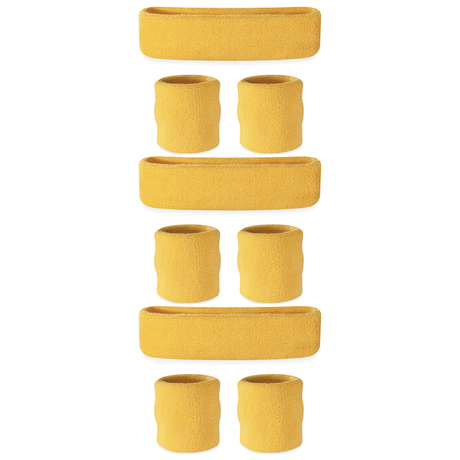 3x Yellow Wristband & Headband Set Pack - Terry Towelling Cotton Tennis Sweatbands