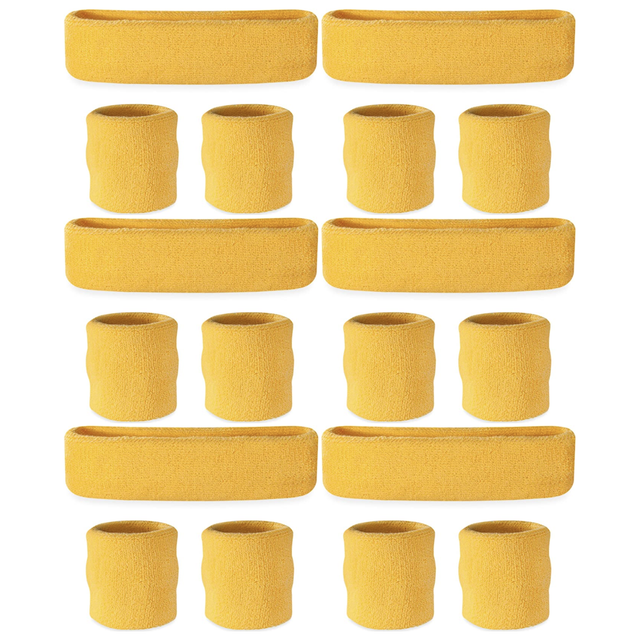 6x Yellow Wristband & Headband Set Bulk Pack - Terry Towelling Cotton Tennis Sweatbands